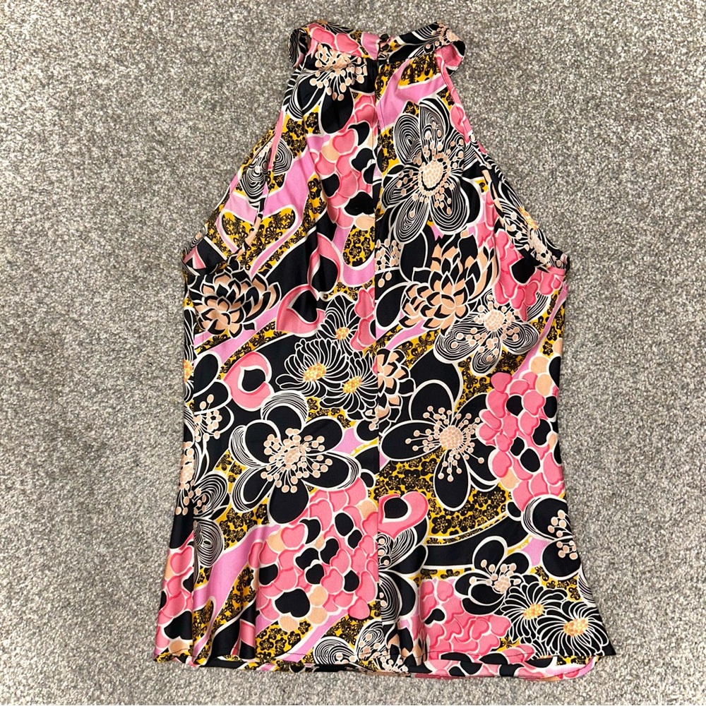 100% Silk Floral Halter High Neck Top Pink Black Gold 1960s Inspired Retro Print - Picture 4 of 6